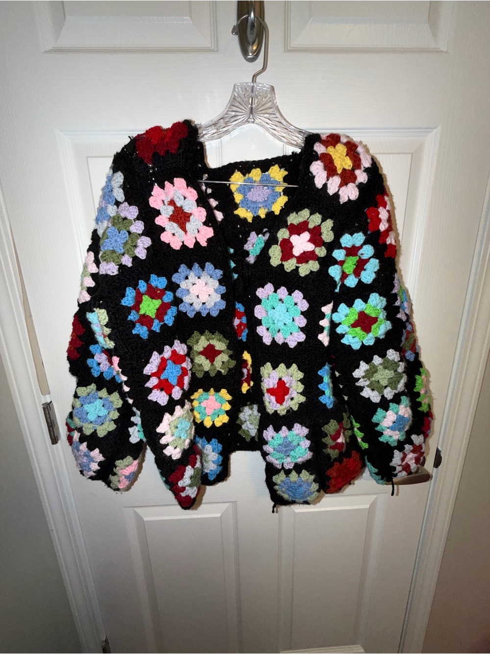 Oversized Black Crochet Square Cardigan with Multicolor Accents 🧶